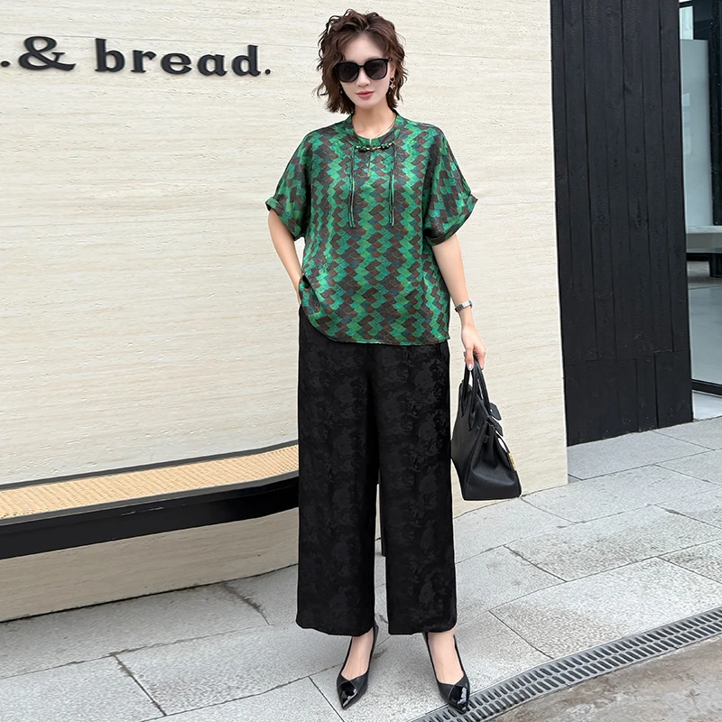 229新中式国风大码高级感短袖上衣提花阔腿裤时尚气质两件套装