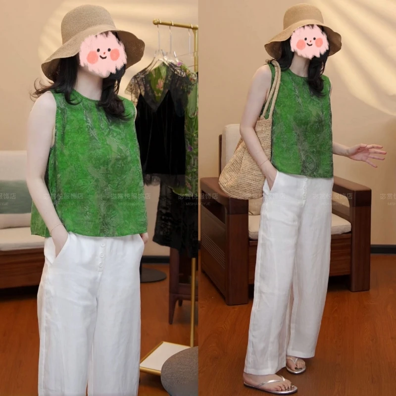 夏季新款新中式温婉大方风复古圆领马甲短袖上衣套装懒惰风休闲裤