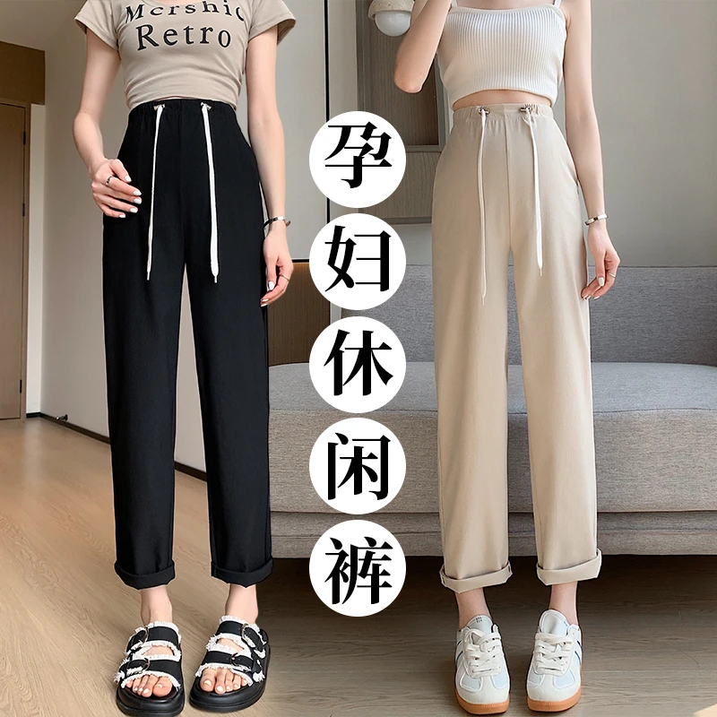 实拍孕妇夏季新款冰丝外穿直筒休闲裤弹力西装裤工装裤九分裤