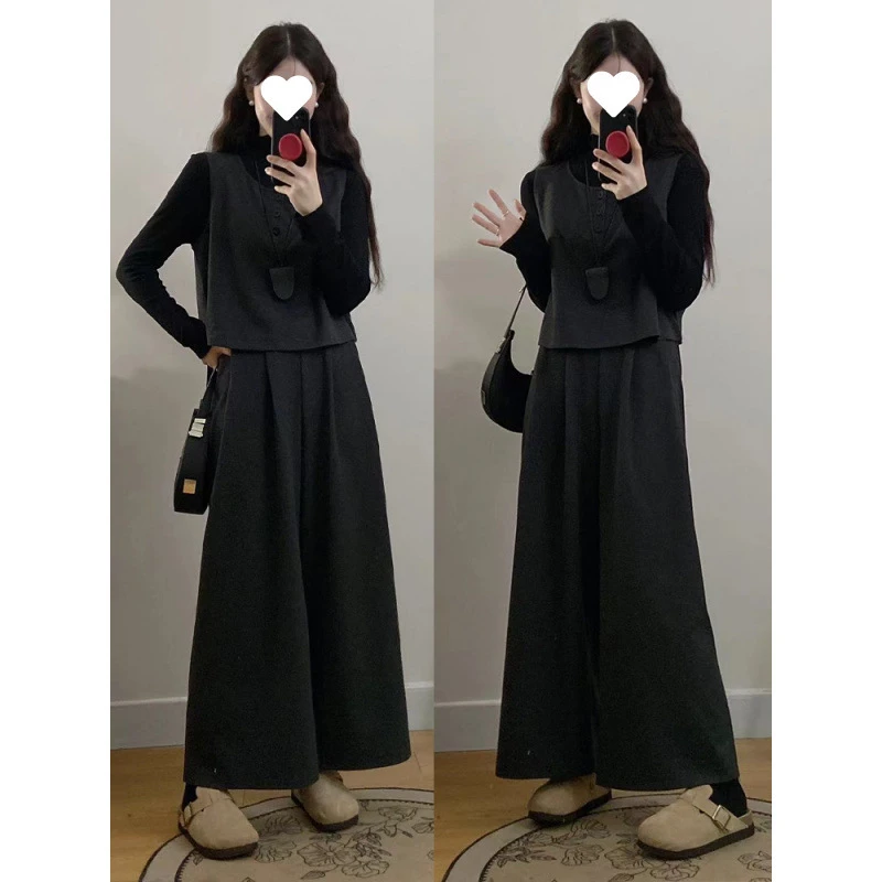 薄款秋冬季新款大码胖MM时尚简约毛呢马甲九分阔腿裤三件套
