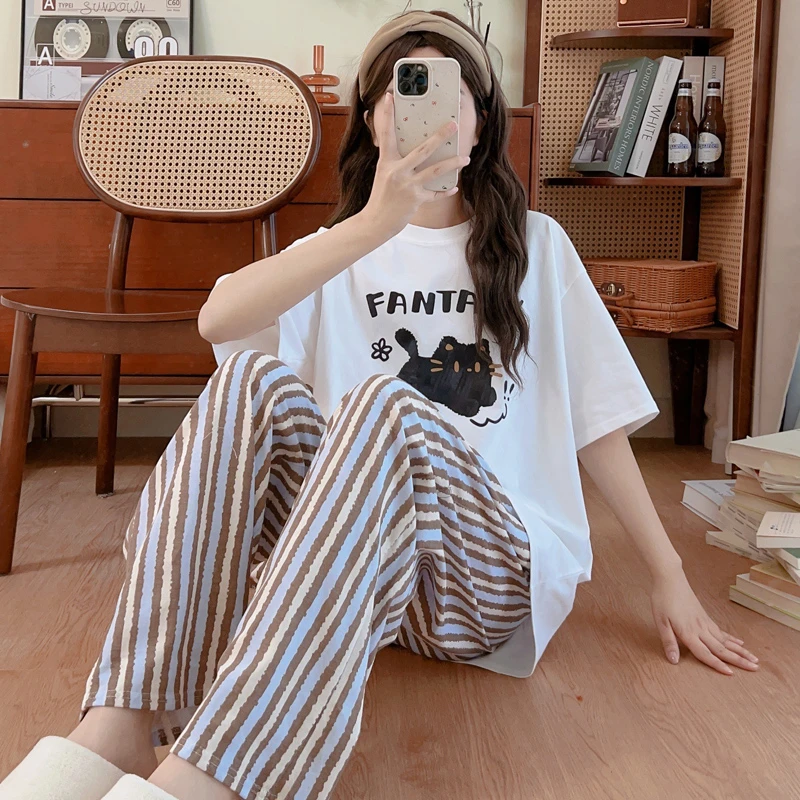 短袖长裤纯棉套装夏季睡衣女加大码胖MM宽松休闲家居服薄款夏天