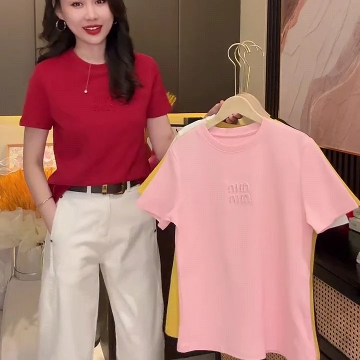 红色新年款宽松圆领短袖时尚休闲百搭洋气重工镶钻气质t恤上衣女