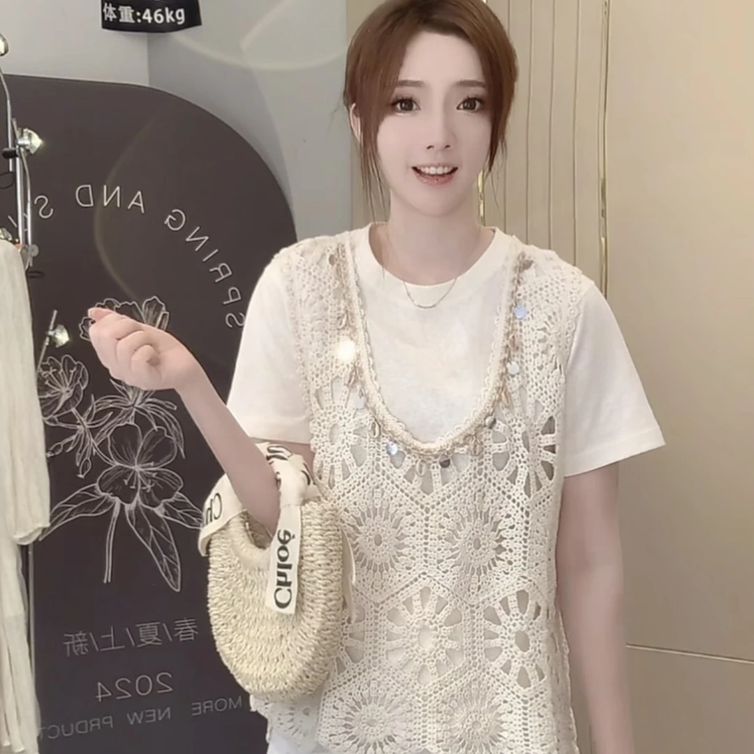 【绮可儿】夏季新款韩版时尚圆领镂空勾花宽松显瘦上衣两件套女