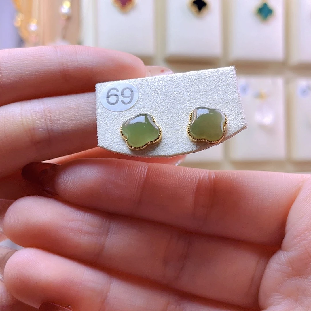 和田玉耳饰银S925镀金镶嵌