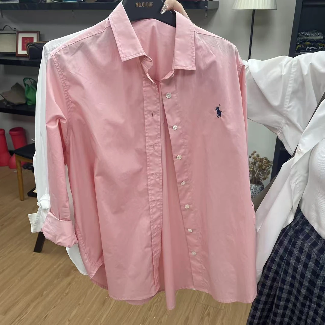 双色长袖胸口刺绣翻领衬衫