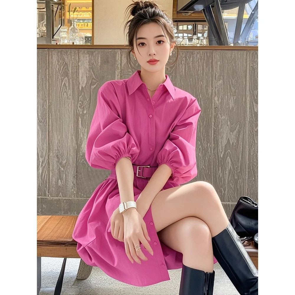 御姐穿搭轻奢高级感小众玫红色翻领连衣裙女2025年春季气质衬衫裙