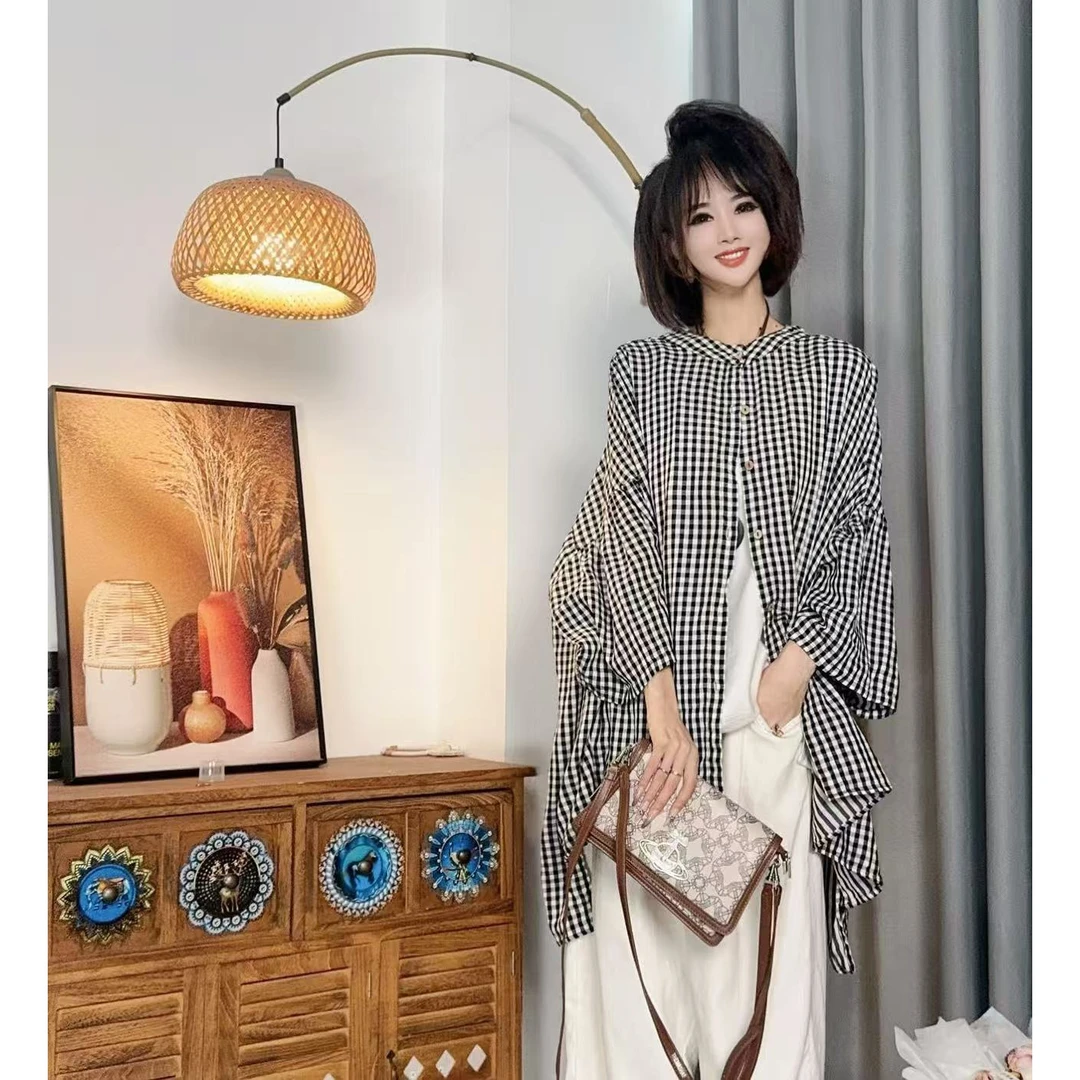 【沐木流浪记】（珠玉）简约黑白格圆领褶皱长袖女装风衣外套z