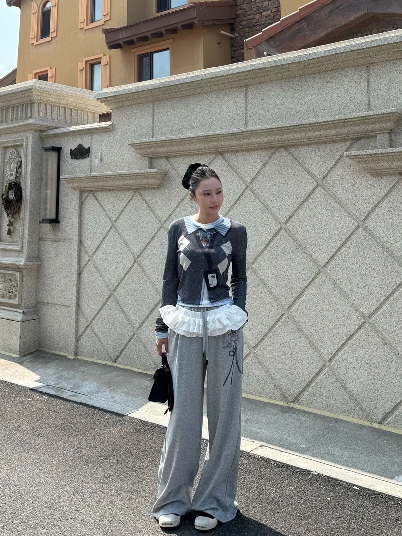 6160设计师款~假两件3D印花皮肤衣菱格T恤女2025新款长袖打底衫