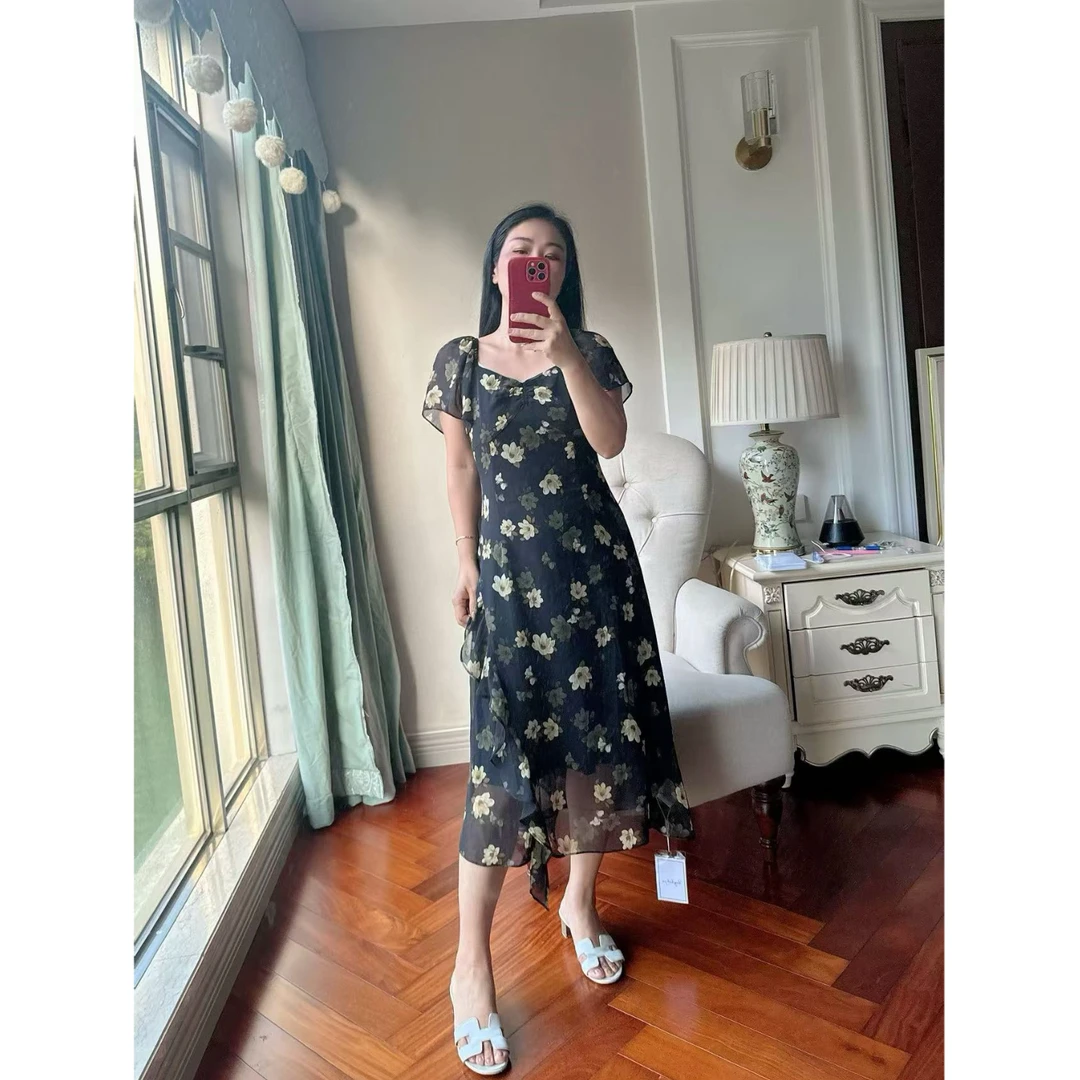 【若衣】搬家浮力·复古黑色碎花收腰显瘦A摆花边连衣裙250402