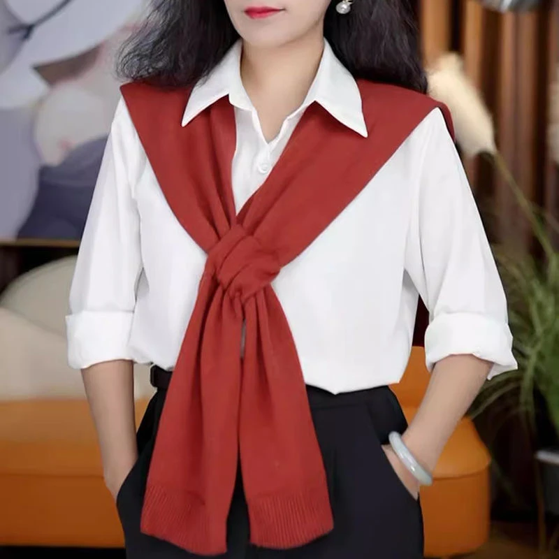 韩版针织纯色系小披肩春简约百搭洋气衬衣T恤外搭懒人交叉坎肩