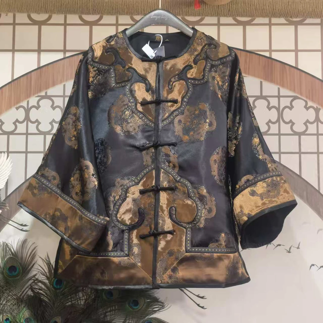 凤徕兮私人定制黑色福禄底圆领对襟盘扣短风衣