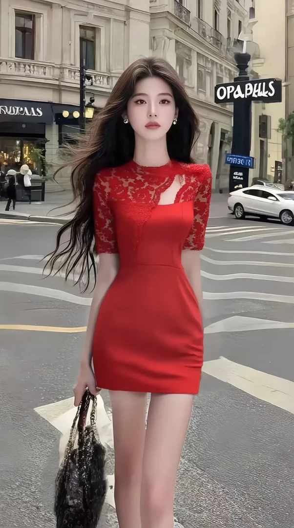 夏季新款轻奢优雅高端大气温柔知性风红色蕾丝修身收腰包臀连衣裙