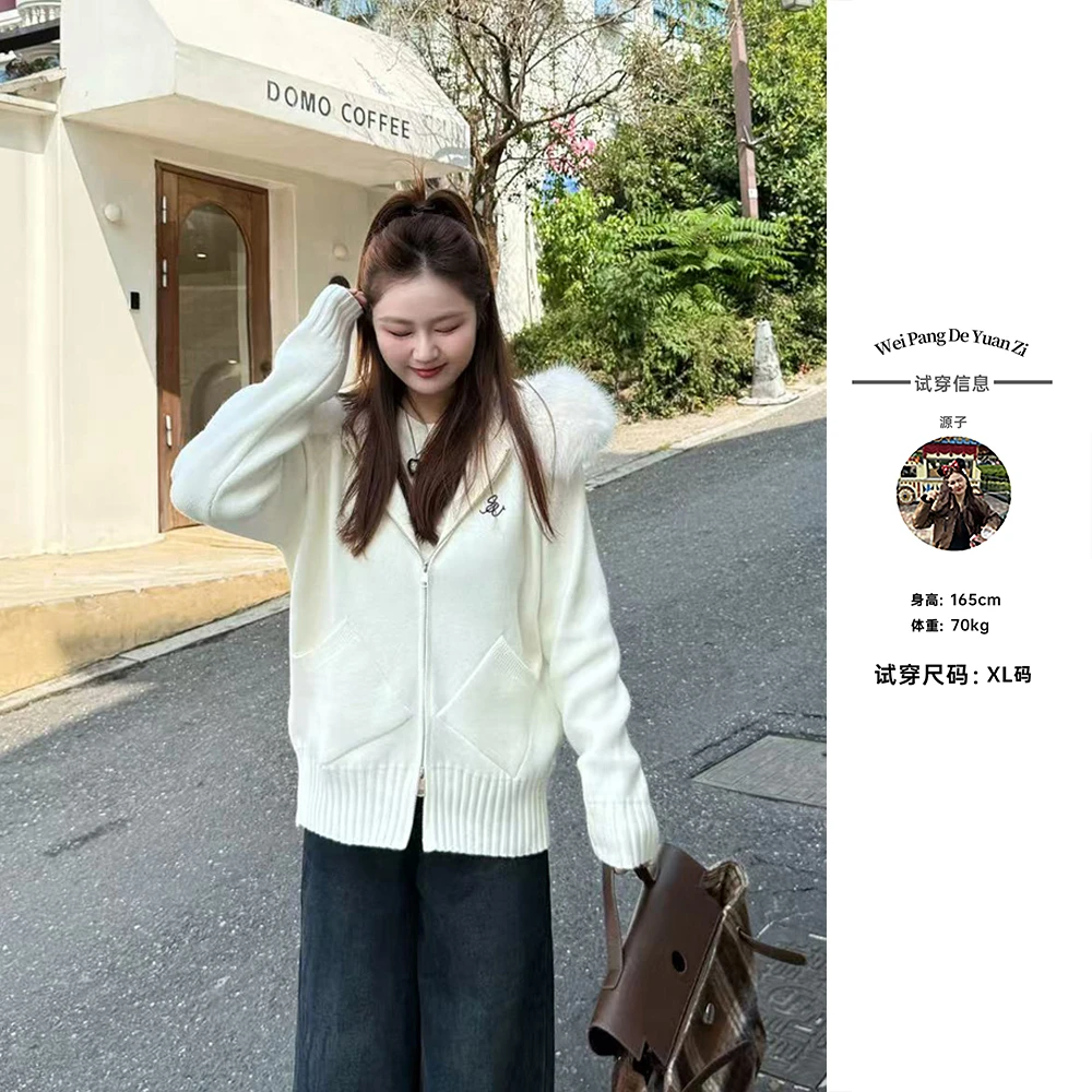 楠序迪迪微胖 女装秋款2025新款秋冬穿搭连帽毛领毛衣外套YZ38060