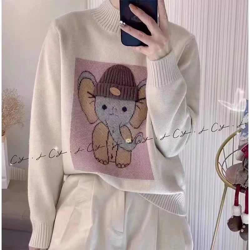 【帽子小象-杏】毛衣女秋冬2025新款时尚宽松冬季加厚针织衫设计感