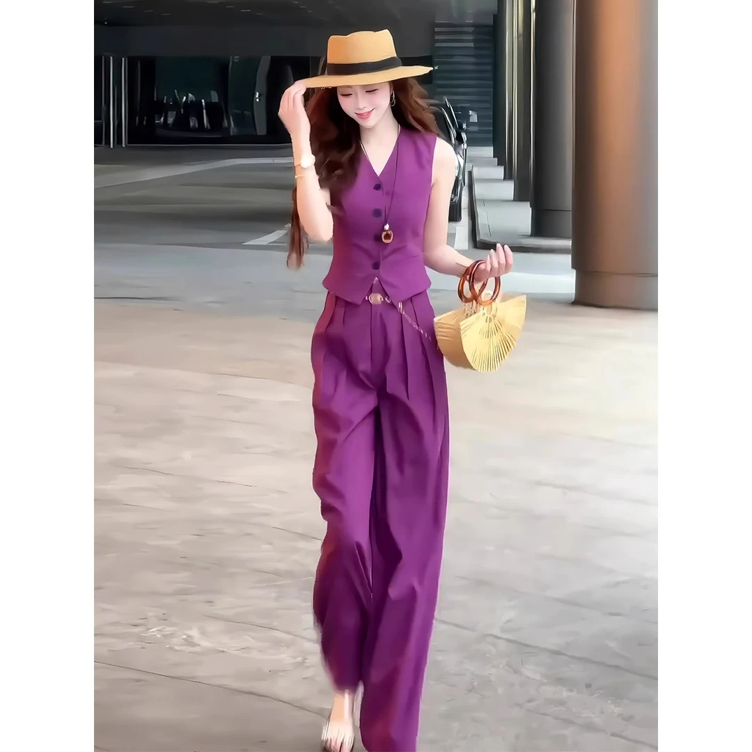 大方得体穿搭一整套2025夏季新款气质无袖马甲阔腿长裤时尚套装女