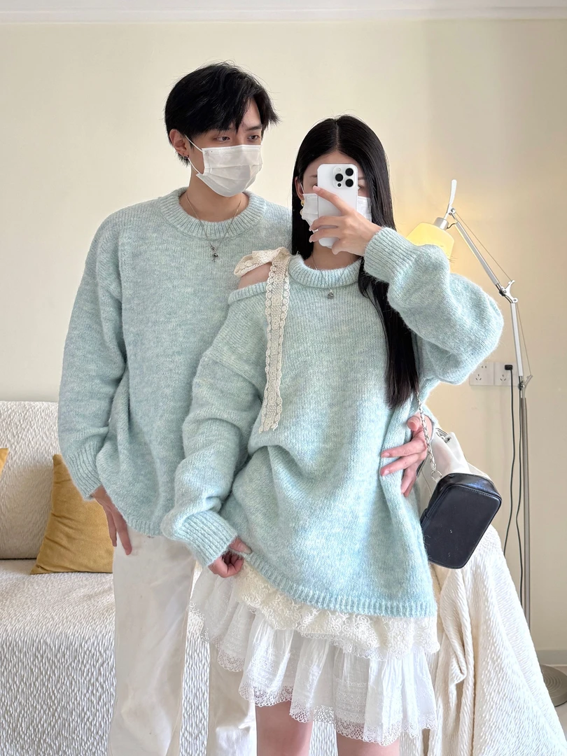 情侣装秋冬季慵懒风宽松蕾丝拼接简约毛针织衫百搭设计感情侣毛衣