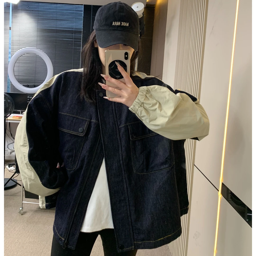 NYHEART牛仔外套拼接时尚休闲百搭黑色宽松韩版早春薄款上衣