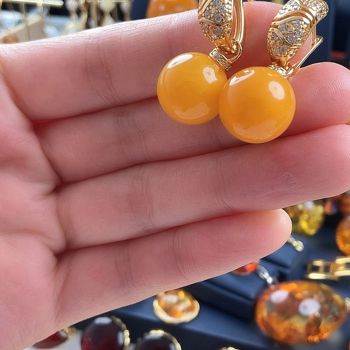 蜜蜡耳饰银S925镀金镶嵌