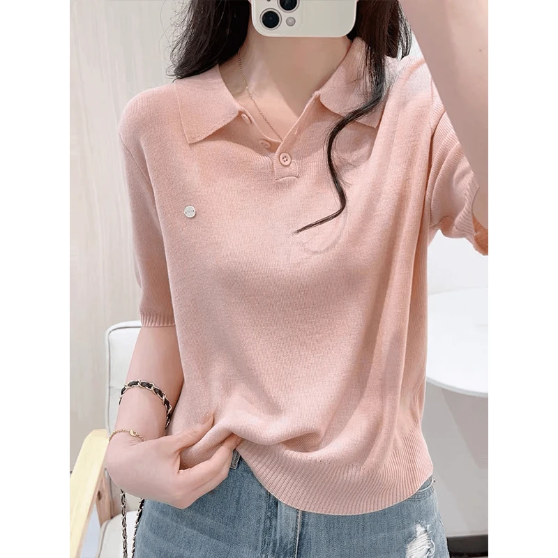 POLO领冰丝短袖T恤女大码胖MM夏季新款宽松显瘦洋气减龄正肩上衣