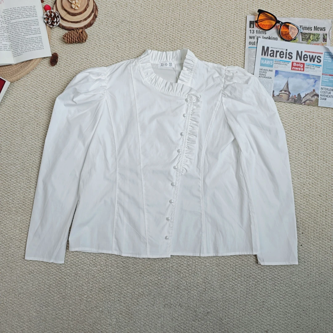 2025春季新款休闲宽松百搭纯色斜扣长袖衬衫外套9696