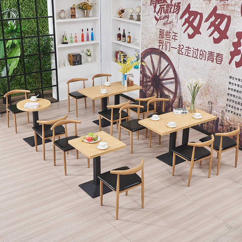 铁艺仿实木快餐桌椅简约现代咖啡厅奶茶餐饮饭店小吃店桌椅组合
