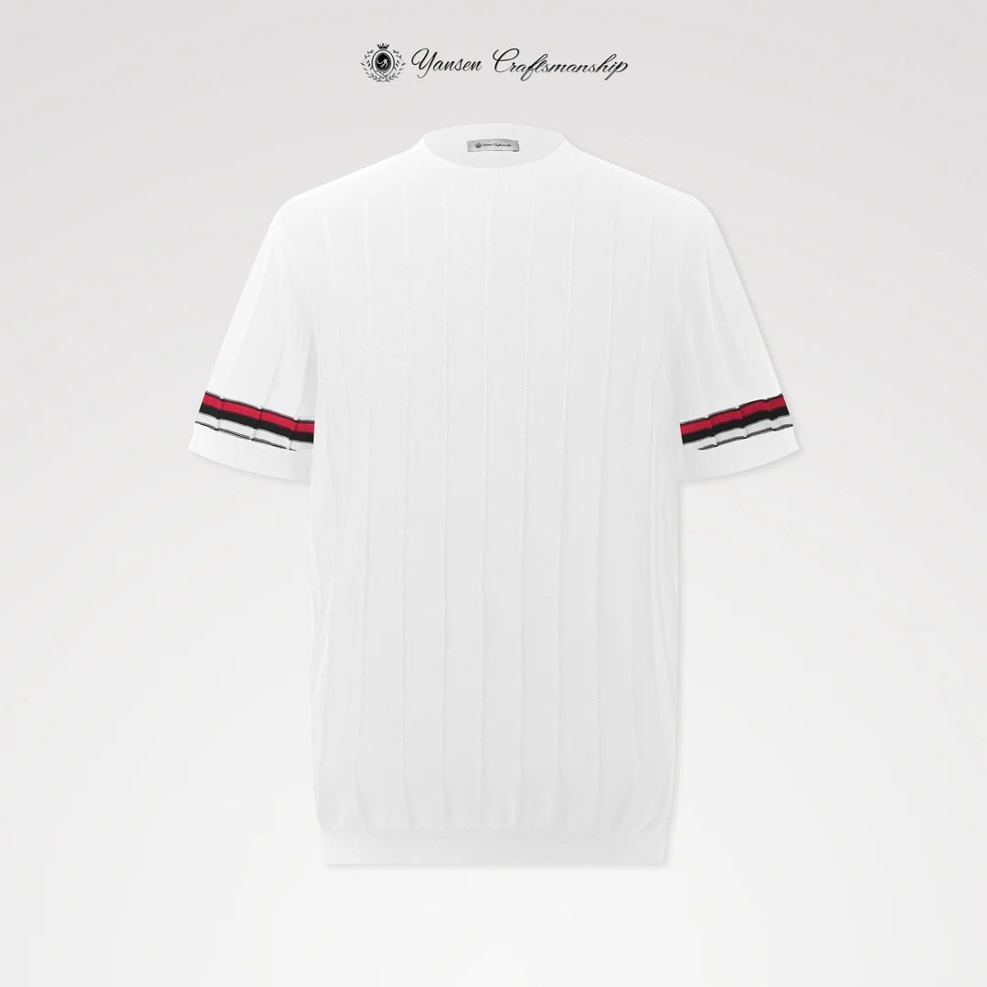 “顶奢”100%优质新疆长绒棉竖条纹定位彩条嵌入圆领针织T恤 YS5273