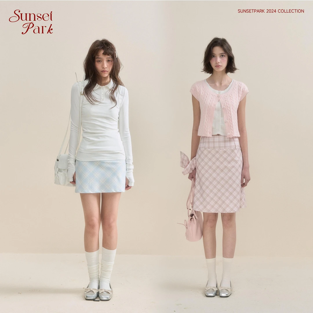 SunsetPark包臀修身打底粉蓝格纹A字长短款半裙显瘦气质显瘦小香