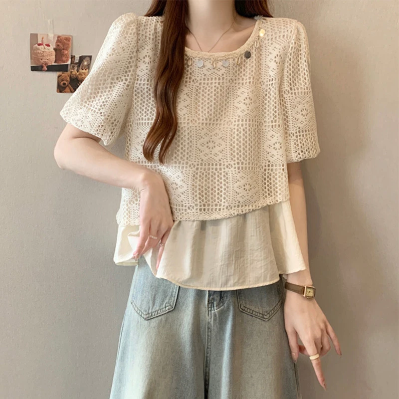 粤汀遮肚子小香风镂空假两件衬衫女夏季粤汀宽松显瘦蕾丝上衣