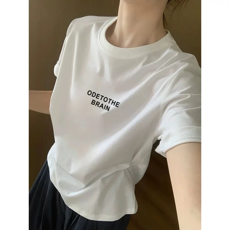 短袖透气褶皱蝴蝶镂空女士T恤宽松印花圆领自然密语夏季显瘦小众