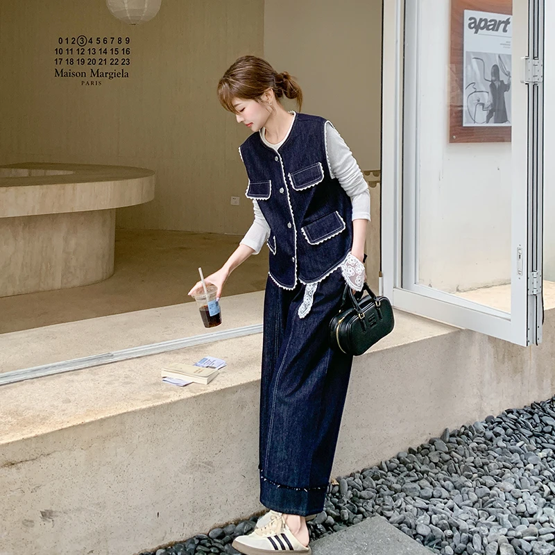 开春韩系穿搭一整套高级感蕾丝拼接牛仔马甲阔腿裤三件套休闲套装