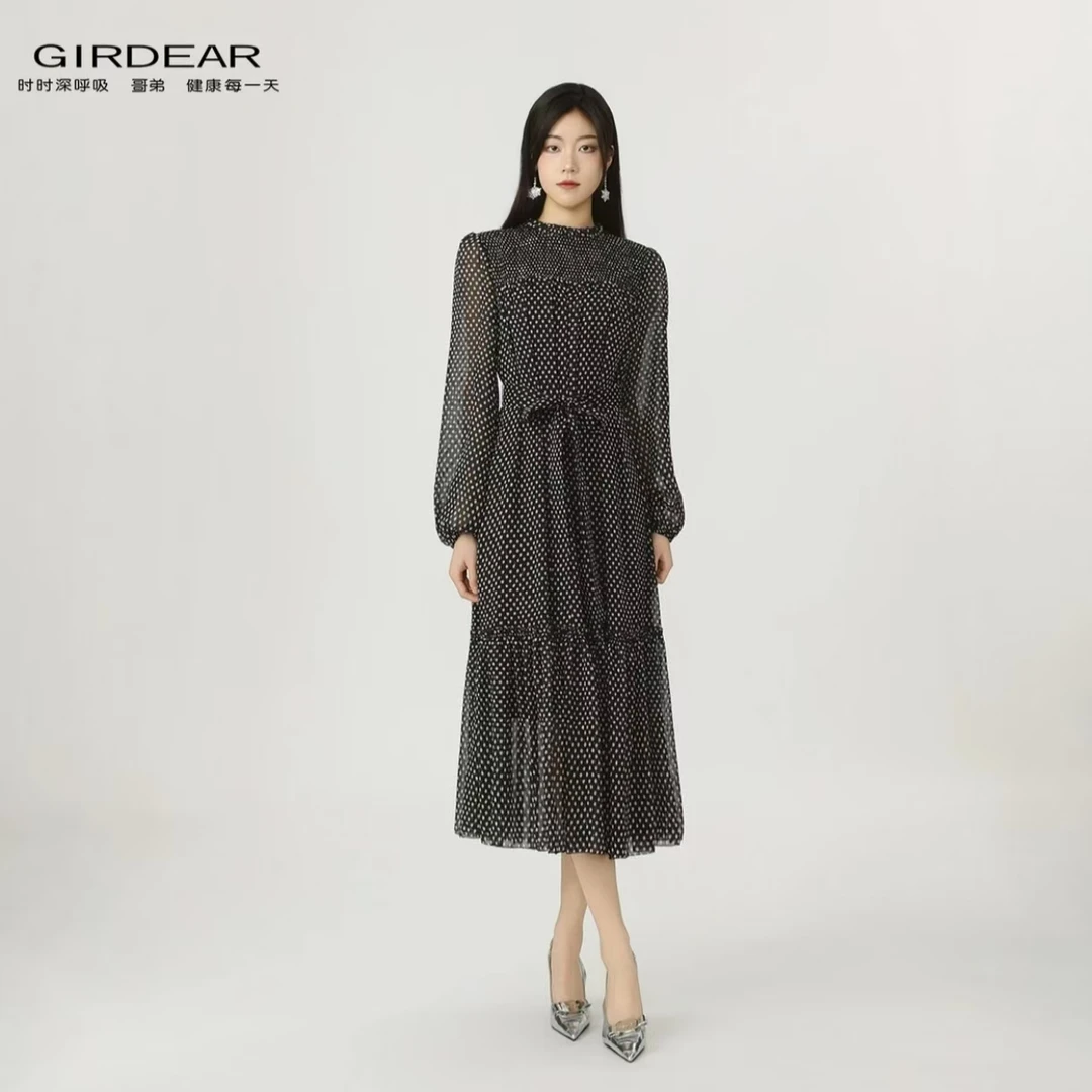 GIRDEAR/哥弟新款时尚气质法式优雅碎花显瘦长袖连衣裙150034