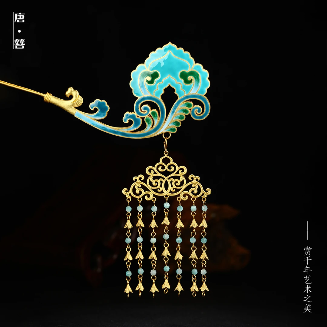 江夏堂 银镀金唐风步摇发钗 唐代武周汉服首饰珐琅簪子发饰国风