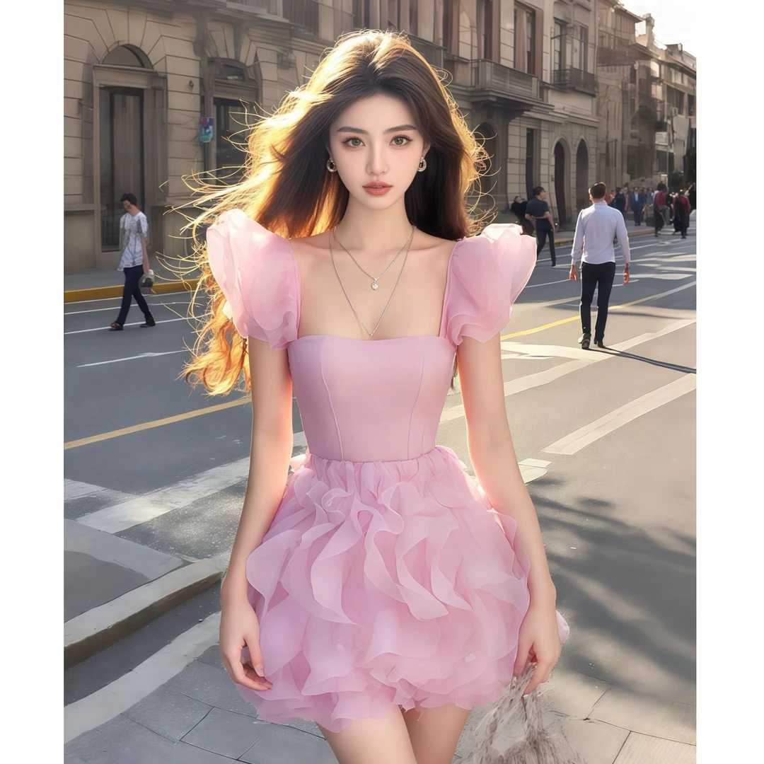 樱花粉甜美气质辣妹不规格裙边小众设计感新款温柔小清新显瘦收腰