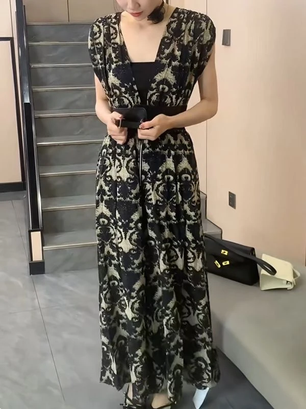 抹胸+腰带+连体裤复古印花松紧显瘦V领时尚洋气短袖连体长裤女D