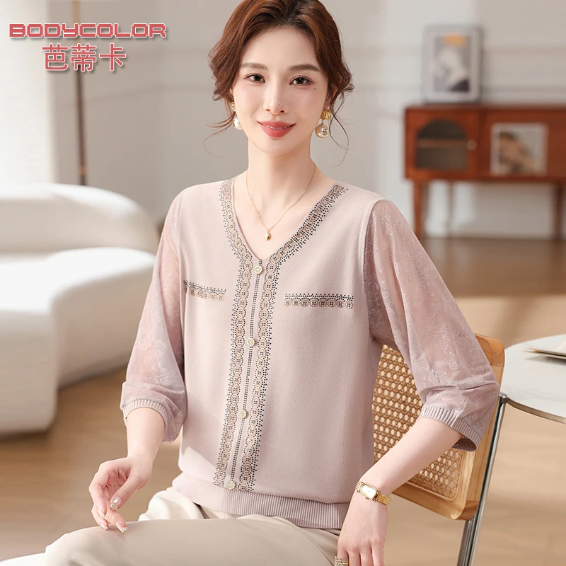 2025新款中老年女装洋气妈妈春夏装薄款T恤针织小衫上衣服打底衫