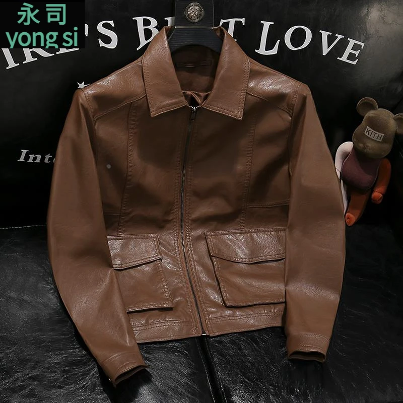 高端男士翻领皮衣2025春秋新款韩版修身机车外套时尚潮流皮夹克