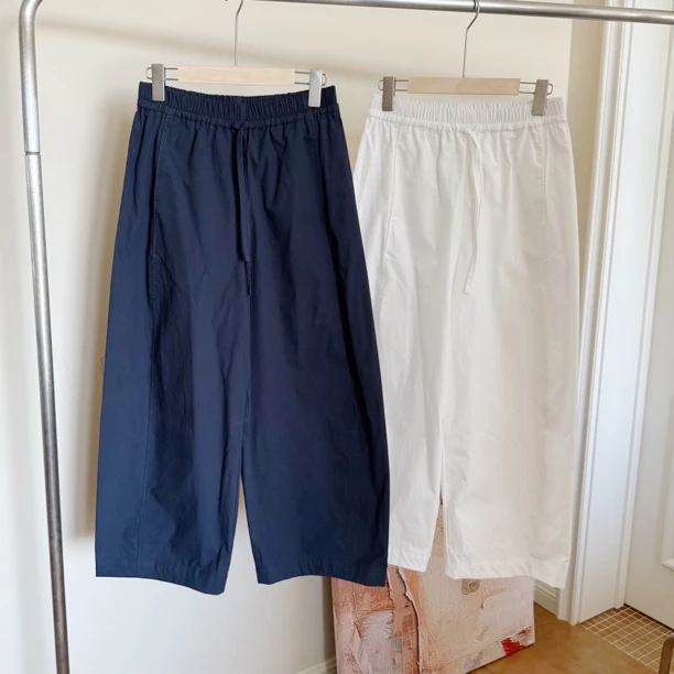 松紧高腰休闲阔腿裤女夏季新款宽松显瘦九分弯刀裤