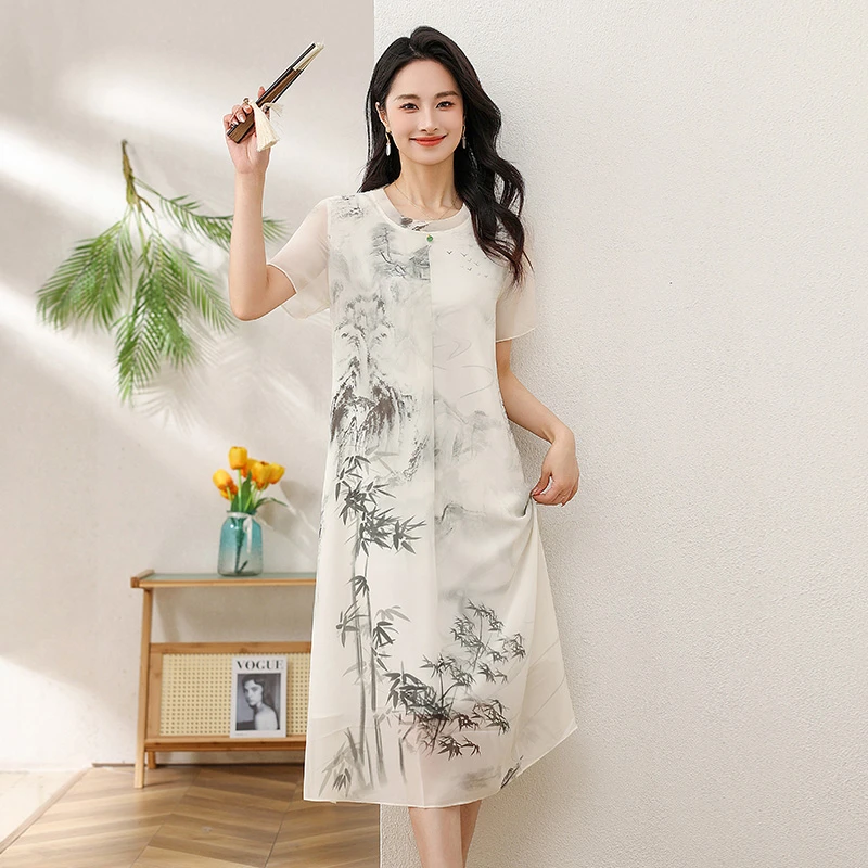 夏季印花中国风连衣裙气质透气亲肤中长款旗袍透气 亲肤汉服