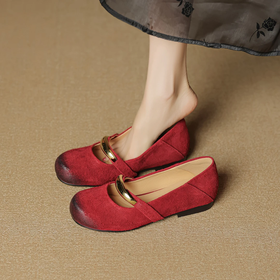 明星同款擦色单鞋女款爆款2025新款真皮百搭小众气质平底女鞋子软