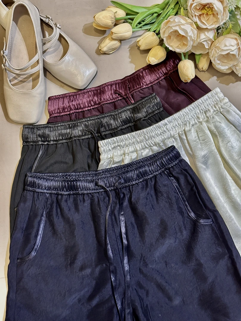 2025新款醋酸窄版直筒裤微阔腿长裤松紧腰抽绳显瘦百搭女裤