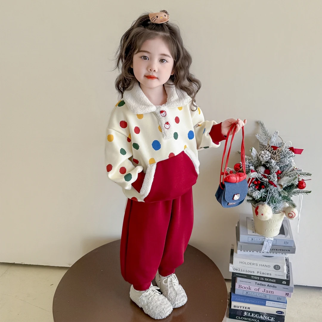 女童加绒套装加厚一体绒儿童波点卫衣两件套小女孩宝宝秋冬装新款
