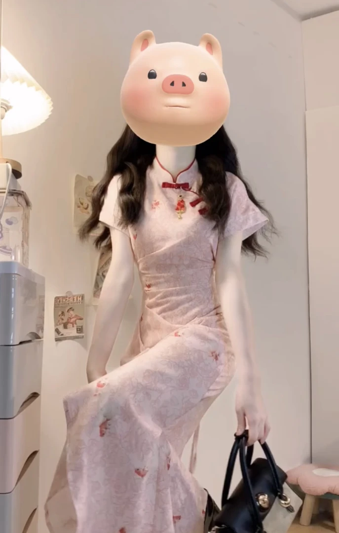 B261新中式粉色改良旗袍日常温柔气质短袖修身民国风连衣裙女