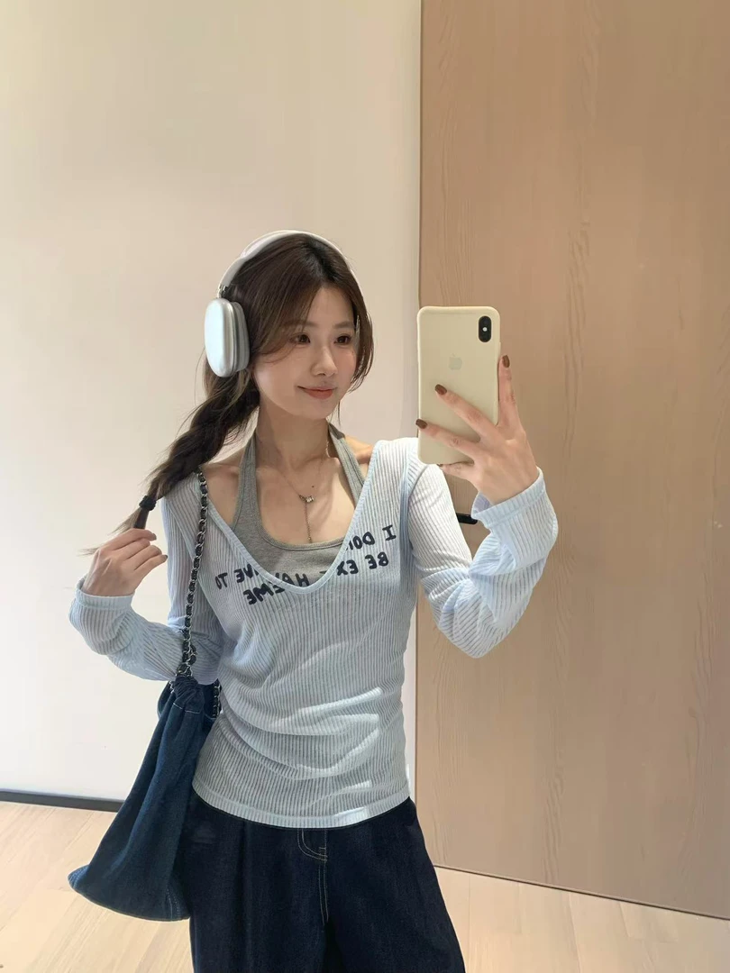 韩11韩系真两件无胸垫挂脖背心T恤女款镂空防晒针织罩衫套装夏季