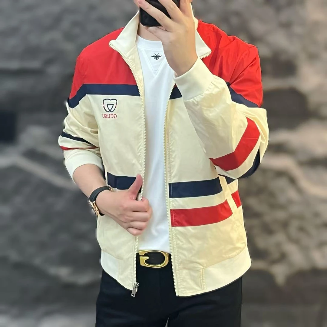 新款高端男士男装潮流百搭时尚个性胸标休闲拼色夹克95056