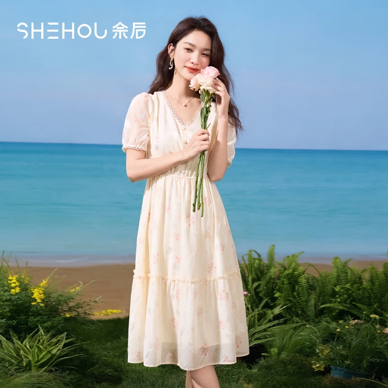 【品牌折扣】佘后清新甜美风日常约会温柔之选碎花V领泡泡袖连衣裙