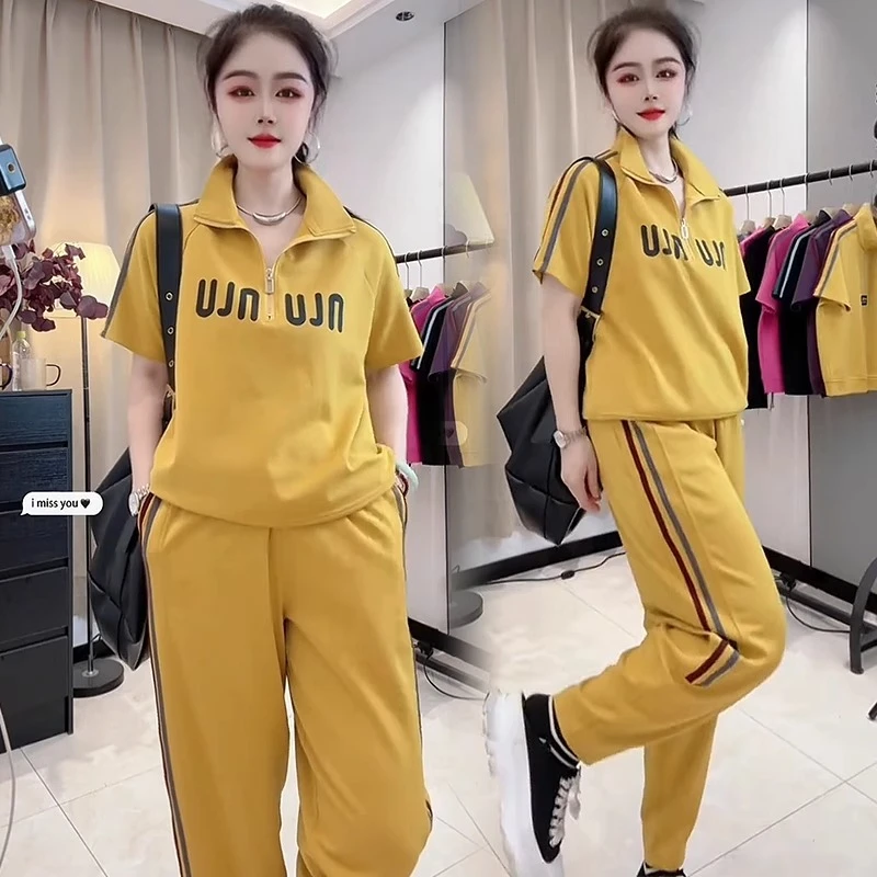 冰丝休闲运动套装女2025夏季新款洋气显瘦短袖直筒裤宽松两件套潮