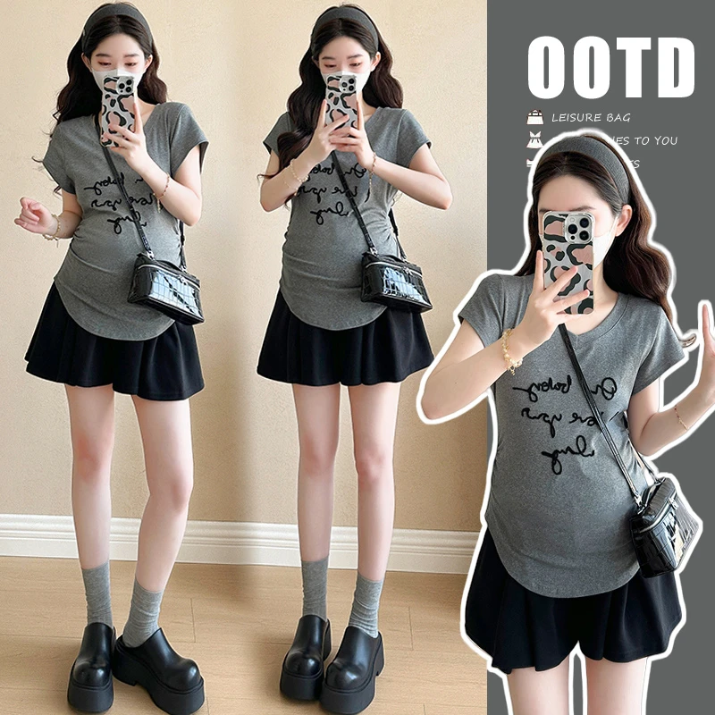 孕妇夏装2025韩版时尚夏季V领刺绣短袖T恤+阔腿短裤两件套孕妇装