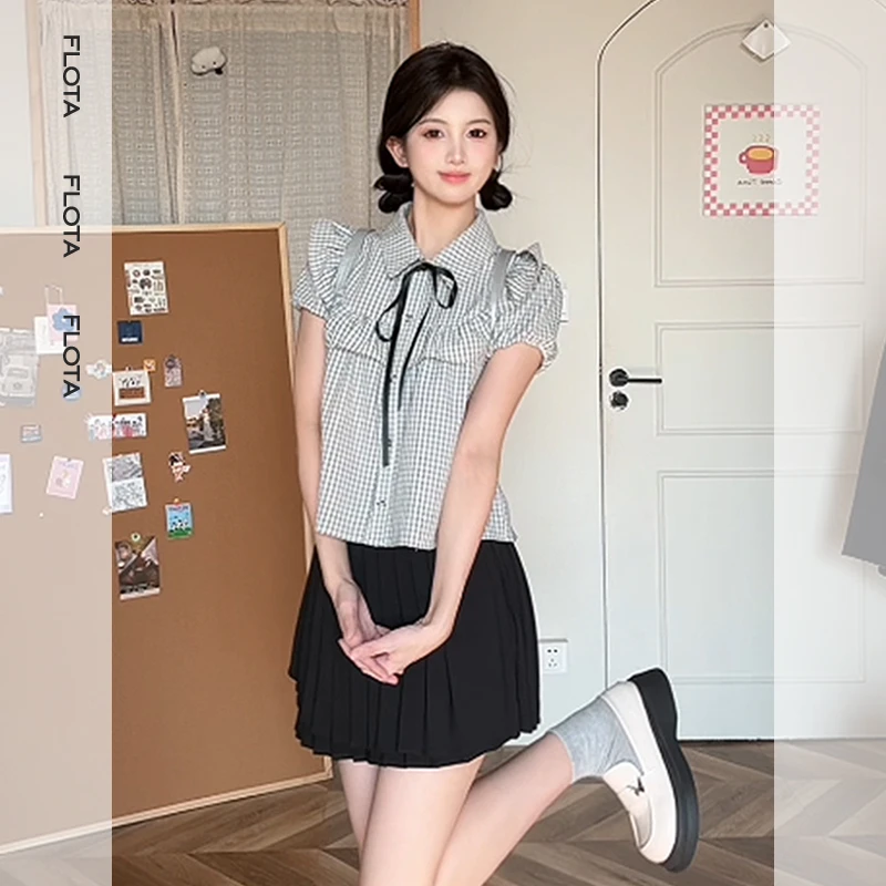 【Flota】韩版学院风黑白格泡泡袖短袖女夏季可爱百搭上衣1029