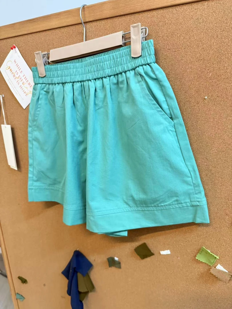 Sevbasks 七七家韩版 薄荷蓝绿松紧腰纯色五分裤