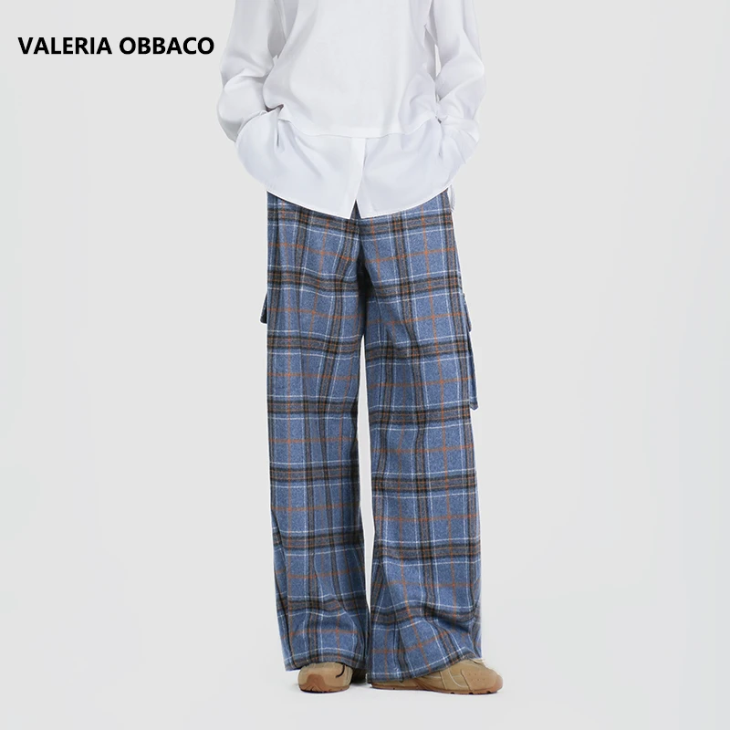 VALERIAOBBACO/瓦莱丽娅 奥贝科VO蓝色翻腰格纹长裤休闲裤
